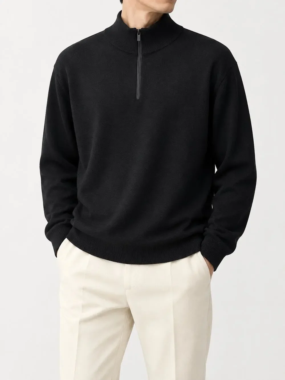 MASSIMO DUTTI Men’s Merino Wool Black Quarter Zip Mock Neck Sweater Large